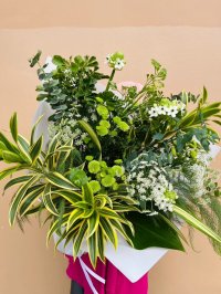 A tropical bouquet featuring green chrysanthemums, white dry flowers, and assorted lush foliage wrapped in white paper.